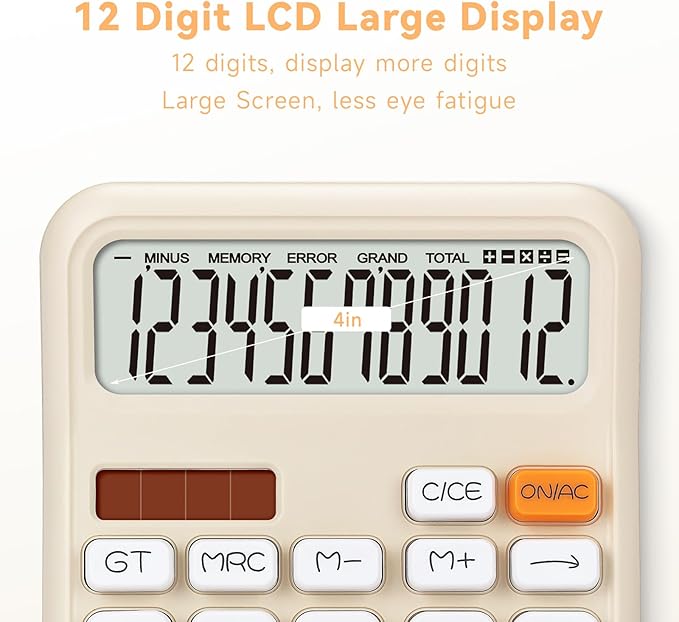 Pendancy Calculators Desktop, Basic 4 Function Handheld Desk Calculator with Solar Battery Dual Power, 12 Digit Large LCD Display Big Button for Office School Home Use (Beige)