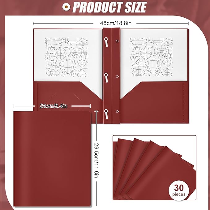 Yeaqee 30 Plastic Folders with Pockets and Prong Plastic Folders with 2 Pockets Pocket for Office, School for Students, Teachers, Office Workers (Dark Red)