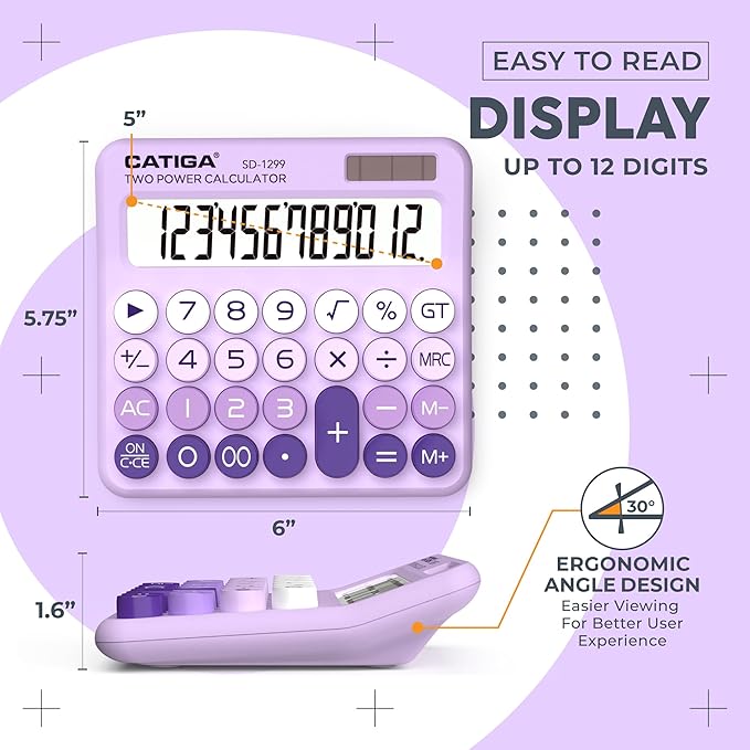 CATIGA Mechanical Switch Calculator with Solar and Battery Dual Power, 12-Digit Large LCD Display, Aesthetic and Cute Desktop Calculator with Big Button, for Home, School and Office Use, SD-1299