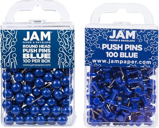JAM PAPER Colorful Push Pins - Flat & Round Head Thumb Tack Combo Set - Blue Pushpins - 200/Pack