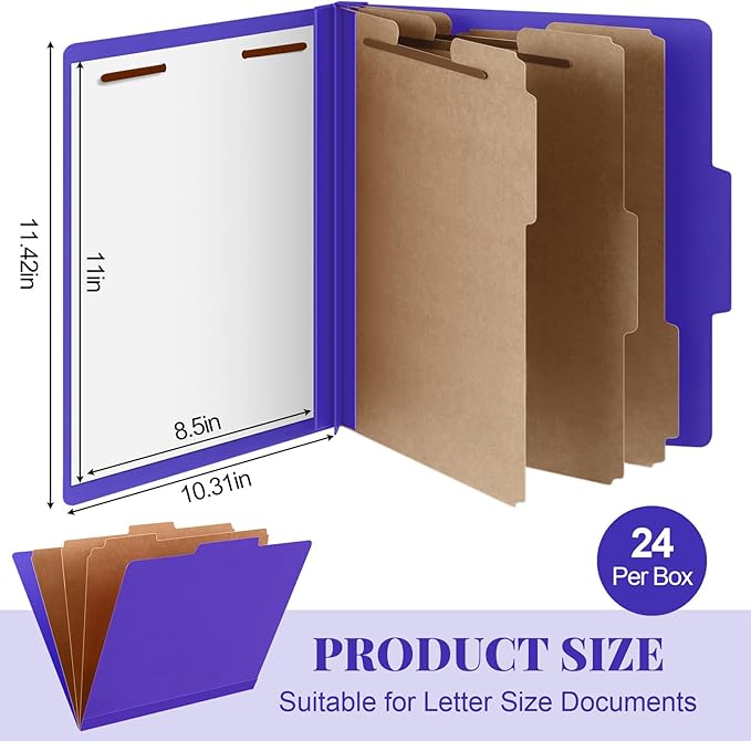 Skyygemm 24 Pcs Classification Folders Letter Size, 3 Divider Pressboard File Folder with Fasteners, Expanding File Organizer Bulk for Teachers, Clergy, Office, Church, Christmas Donations (Purple)