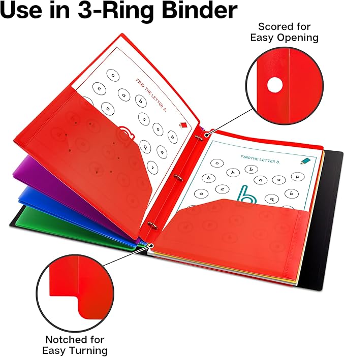 Dunwell Plastic 2-Pocket Folders for 3-Ring Binders, (6 Pack, Assorted Colors) 3 Hole Punched, Divider Folder for Notebook, Durable Poly, Fits 8.5x11 Sheets, Includes Labels