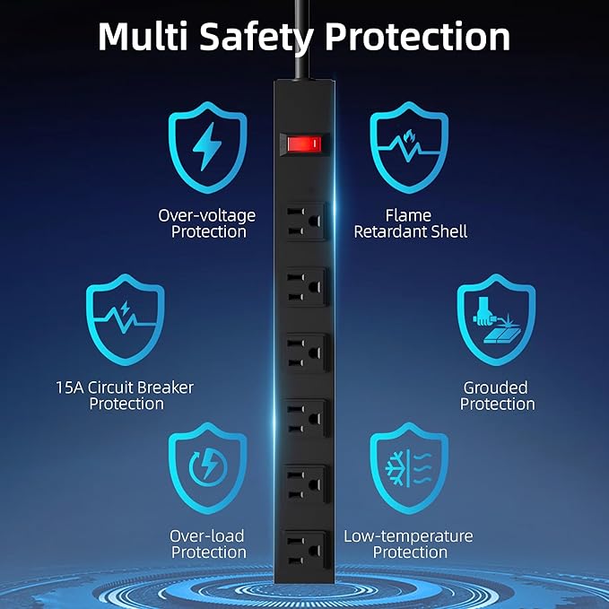 Power Strip with 6AC Outlets 6 Ft UL 14AWG Cord Straight Plug,Metal Wall Mount Heavy Duty Power Strip with Switch for Commercial,Industrial,School and Home,15A/125V/1875W,Black(6FT)