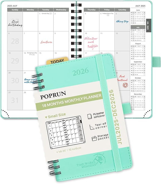 POPRUN Monthly Planner 2025-2026 Pocket Size (4" x 6.25") 18 Months Calendar (Jul 2025 - Dec 2026) - 4 Pages per Month with Monthly Expense & Notes, Sunday Start, Leather Cover - Green