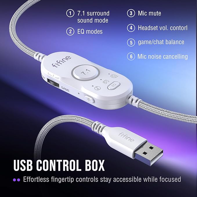 FIFINE USB Gaming Headset: Flowing RGB Lighting - 7.1 Surround Sound - Detachable Mic - Soft Ear Pads, Over-Ear Headset with Control Box, for PC, Laptop, Mac, PS5/PS4 - AmpliGame H13WP (White&Purple)