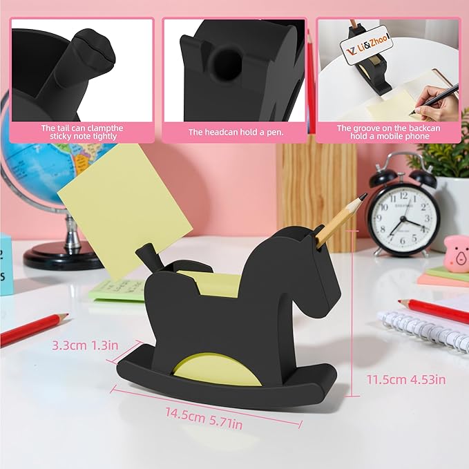 Li&Zhao Horse Sticky Note Holder - Cute Post It Note Dispenser Memo Dispenser Pen Holder Sticky Note Dispenser Post It Note Holder Notepad Holder for Desk School Office(Black)