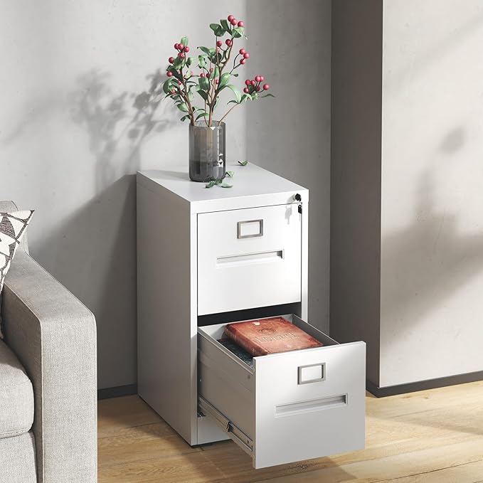 2 Drawer File Cabinet with Lock, Metal Vertical Filing Storage Cabinet for Home Office, Steel Vertical File Cabinets for Legal/Letter File Folders, Easy Assemble (White)