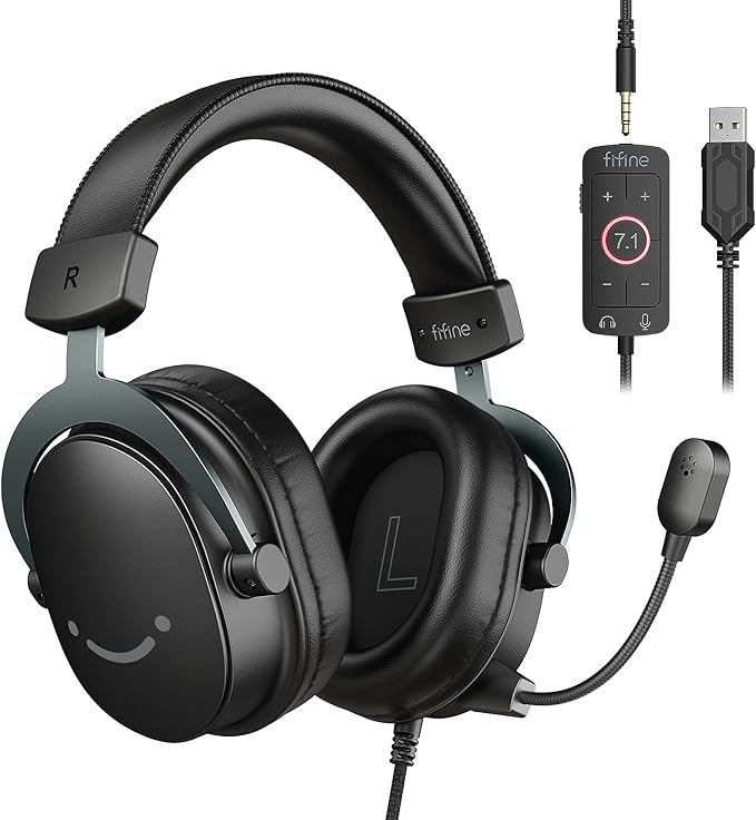 FIFINE Wired Gaming Headset, USB Headphone with 7.1 Surround Sound, Detachable Microphone, Control Box, 3.5mm Headphones Jack, Over-Ear Headset for PC/PS5/Xbox/Switch, Black-AmpliGame H9