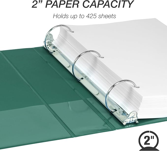 Samsill 2 Inch 3 Ring Binder, Made in USA, Economy Round Ring, Clear View Cover, 425 Sheet Capacity - for School, Home, Office - Forest Green
