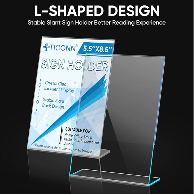 TICONN 5.5 x 8.5 Acrylic Sign Holder, L Shape Clear Sign Stand for Displaying, Plastic Paper Holder for Office, Store, Restaurant (Vertical 3 Pack)