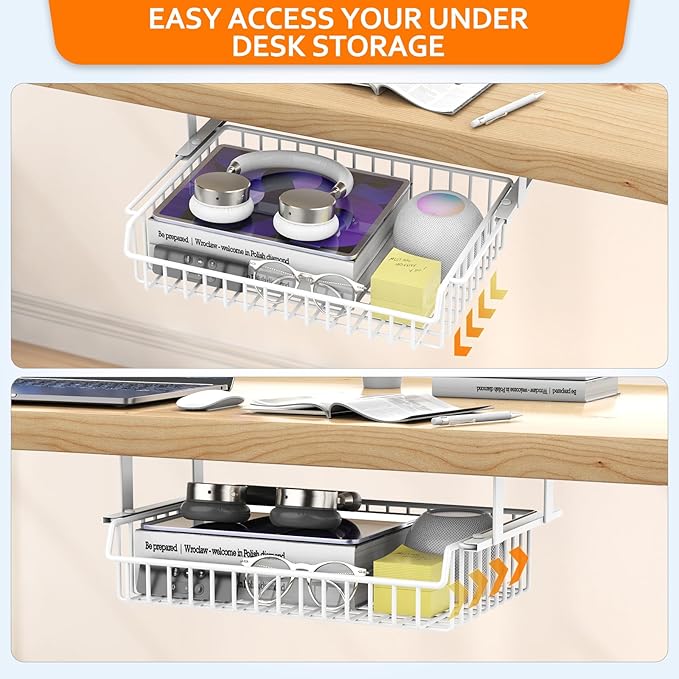 Under Desk Drawer, Slide Out Design,No Drill Metal Under Desk Cable Management, Under Table Storage Shelf Tray Basket Under Table Drawer Organizer for Office, Home, Workspace, Cabinet