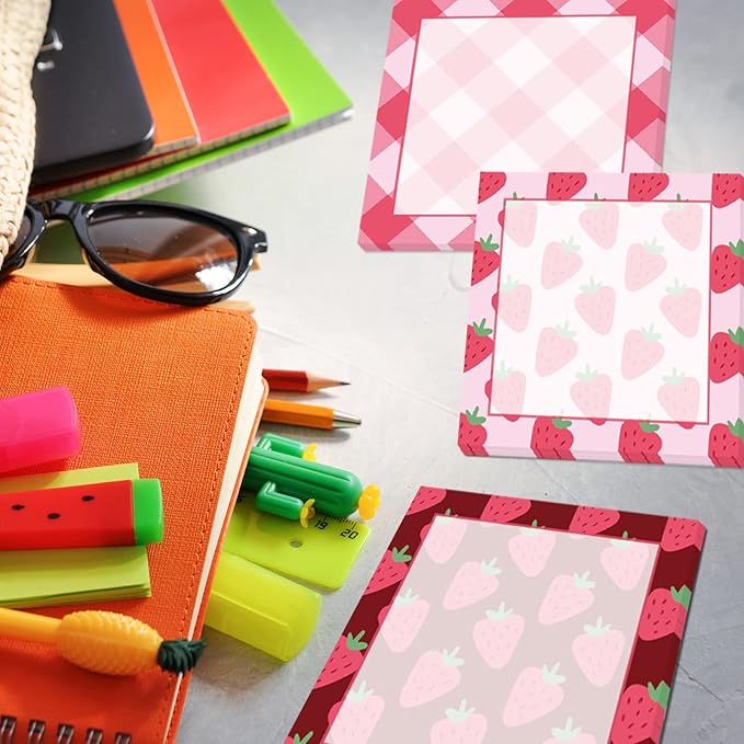 9 Pieces Strawberry Sticky Notes Adhesive Cute Summer Strawberry Memo Notes 3 X 3 Inch Self-Stick Note Pads for School Office Home Supplies Students Teachers Presents, 9 Styles