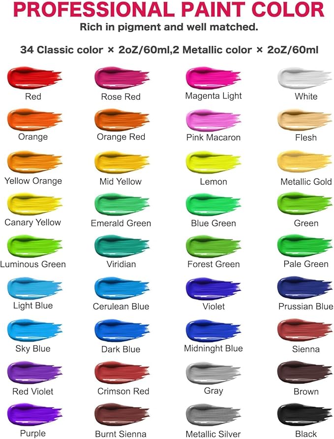 Acrylic Paint Set - 36 Colors 2 oz/59 ml Acrylic Paints for Professional Artists with 10 Brushes , Art Supplies for Painting Canvas Rock Wood Ceramic Glass Art Craft Painting, Rich Pigments Lasting Quality for Beginners, Students & Professional Artist