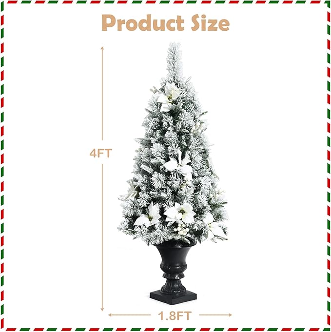 Happygrill 4ft Artificial Christmas Tree Pre-lit Entrance Xmas Tree with 100 LED Lights, Snow Flocked Potted Tree with Flowers & White Berries