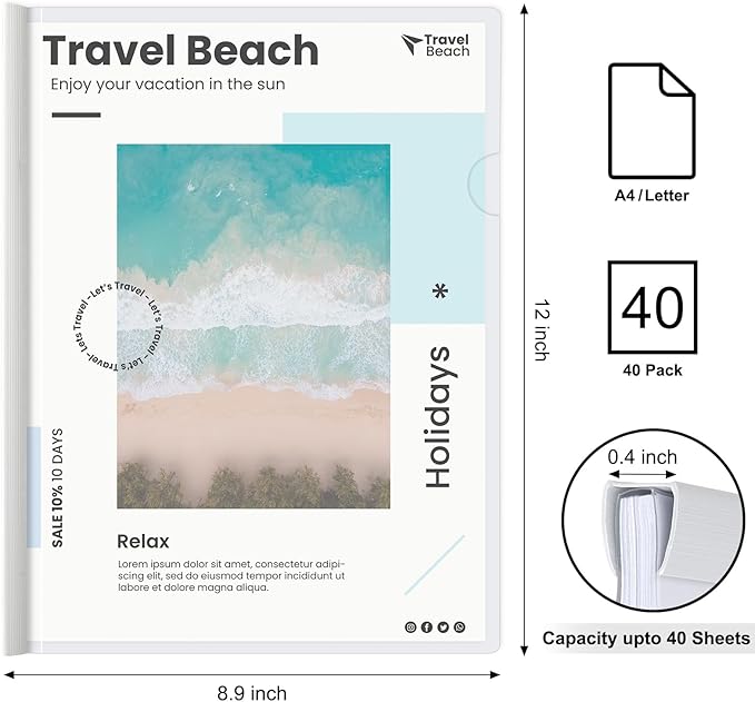 JOERSH 40Pcs Clear Report Covers with Sliding Bar, 40 Sheet Capacity Plastic Binder Paper Protector, Report Folders with Clear Cover for Resume File Documents, 5 Colors