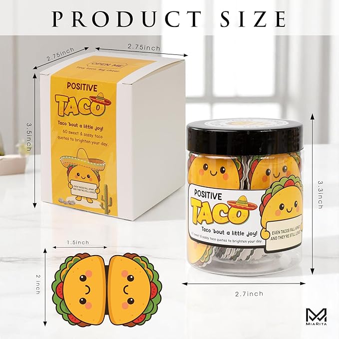 Positive Taco Jar – 60 Funny Emotional Support Taco, Back to School Gifts for Teachers, Students, Birthday Gifts for Women, Men, White Elephant Gift, Teen Girl Gifts Trendy Stuff, Friends Gifts