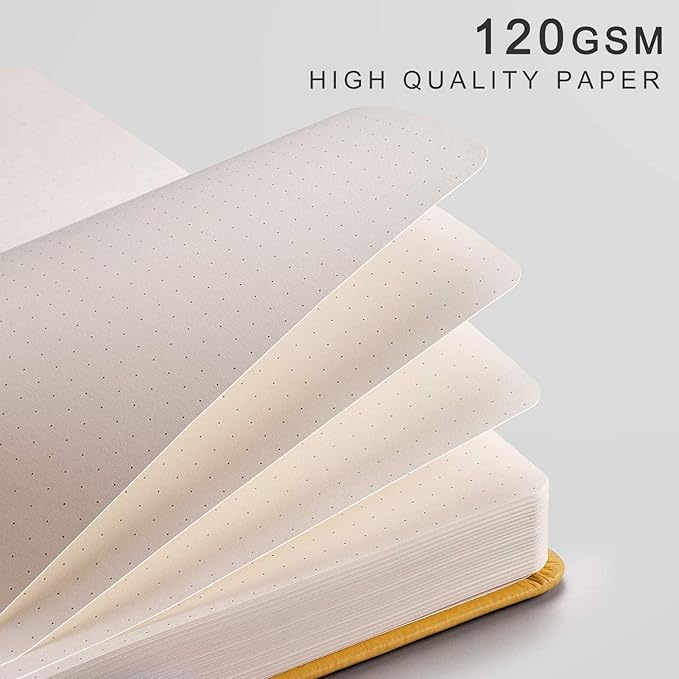 EMSHOI Dotted Journal Bullet Notebook, 256 Pages 120gsm Thick Dot Grid Notebook, A5 Hardcover Leather Journal with Stencils, 16 Perforated Pages, Pen Loop, Inner Pocket, 5.75"x8.38"-Yellow