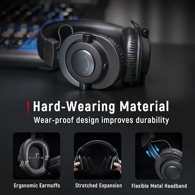 FIFINE Studio Monitor Headphones for Recording, Wired Headphones with 50mm Driver, Over Ear Headset with Detachable Cables 3.5mm or 6.35mm Jack, Black, on PC/Mixer/Amplifier-H8