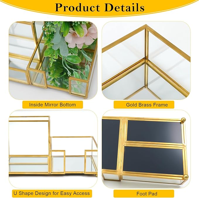 Desk Organizer with 3-Compartments,Glass Small Desk Organizer for Pens Pencils Business Cards Sticky Notes Paper Clips,Gold Stylish Pen Holder for Desk Home Office Decor