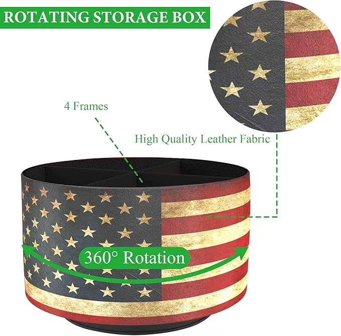 Hennaja Round Leather Art Supply Organizer,Remote Control Holder,360 Degree Rotating,Multi-Functional Pencil Holder,4 Compartments Desktop Stationary Organizer(1-American Flag)