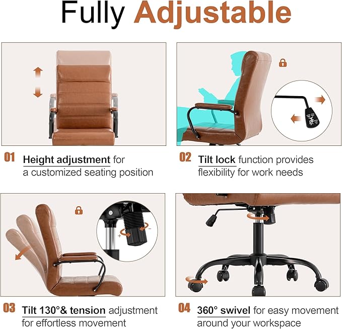 Office Desk Chair,Modern Leather Conference Room Chairs,High Back Home ofiice Chair,Adjustable Height Swivel Executive Computer Chair with Padded Seat and Armrest (Brown with Black Frame)