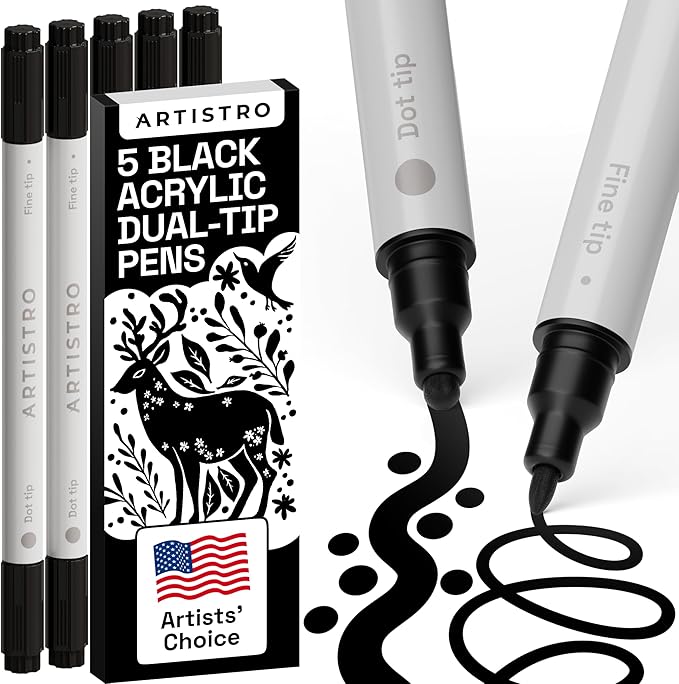 ARTISTRO 5 Black Dual-Tip Acrylic Paint Pens for Rock, Ceramic, Glass, Wood, Fabric - Black Markers for Acrylic Painting, 5mm Dot + 1mm Fine Tips