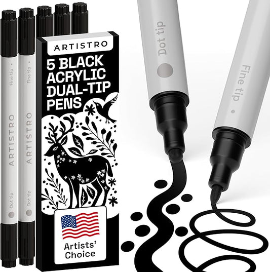 ARTISTRO 5 Black Dual-Tip Acrylic Paint Pens for Rock, Ceramic, Glass, Wood, Fabric - Black Markers for Acrylic Painting, 5mm Dot + 1mm Fine Tips