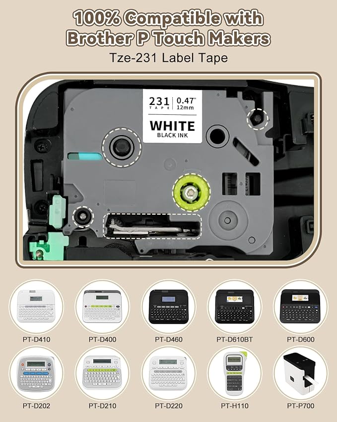 Tze-231 12mm 0.47 Laminated White Tape Replace for Brother P Touch Label Tape Compatible with Brother Label Maker PTouch H110 D220 D600 D410 D210 D200 D400 P700 1280 1880, TZe Label Tape 1/2 Inch 3pk