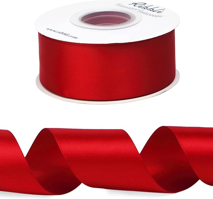 Ribbli Red Double Faced Satin Ribbon,1-1/2” x Continuous 25 Yards,Use for Bows Bouquet,Christmas Gift Wrapping,Floral Arrangement