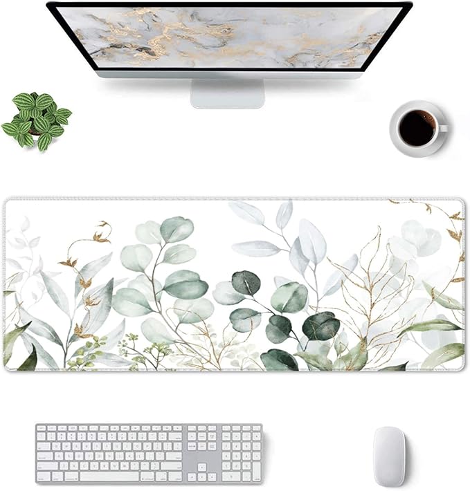 Green Gold Leaves and Branches Extended Big Mouse Pad Large,XL Gaming Mouse Pad Desk Pad,31.5x11.8inch Long Computer Keyboard Mouse Mat Mousepad with 3mm Non-Slip Base for Home Office Work