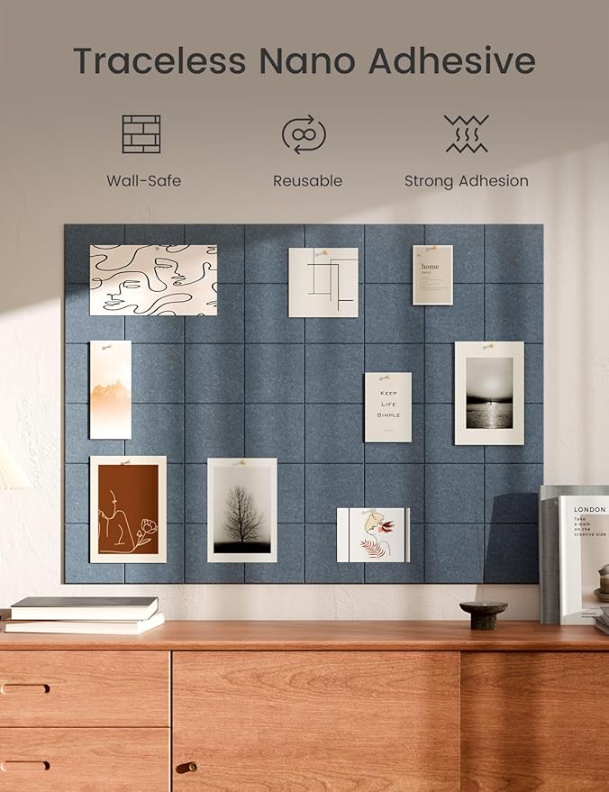 Bumusty Large Cork Board Alternative-47 x35 Felt Bulletin Board Tiles, with 30 Pushpins, 70 Adhesive Tabs, 12-Pack Slat Wall Paneling, Cork Boards for Office Push Pin Board Felt Board-Denim Blue