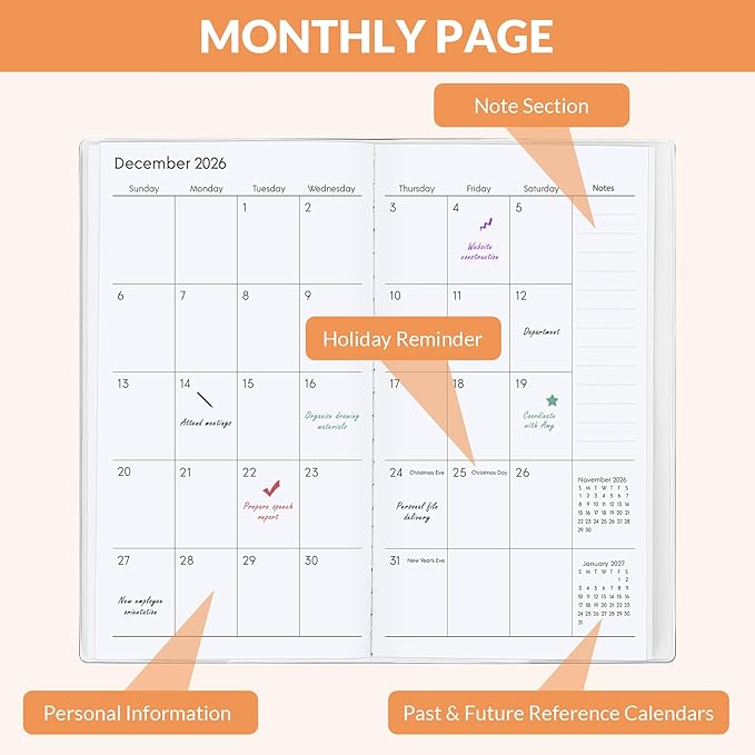 Pocket Calendar 2026-2027, Orange 2026-2027 Monthly Planner - 3.7" x 6.7" - Runs from January 2026 Until December 2027, 2026 Pocket Planner with PVC Cover for Home, School, Office Supplies