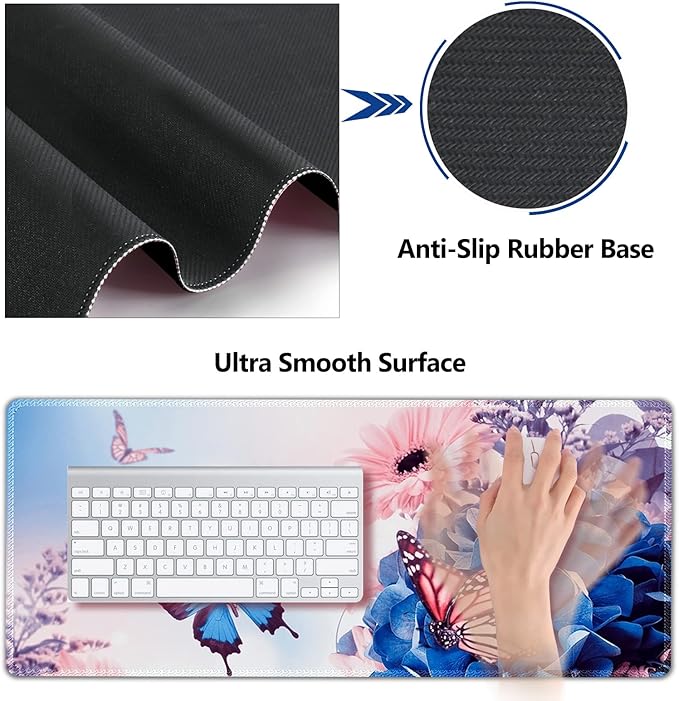 AIMSA Large Gaming Mouse Pad Set, Keyboard Wrist Rest Support Mouse Pad, Ergonomic Memory Foam Multifunctional Extended Desk Mat 35x15.7in Anti-Slip Rubber Base for Office Home, Butterfly Flower