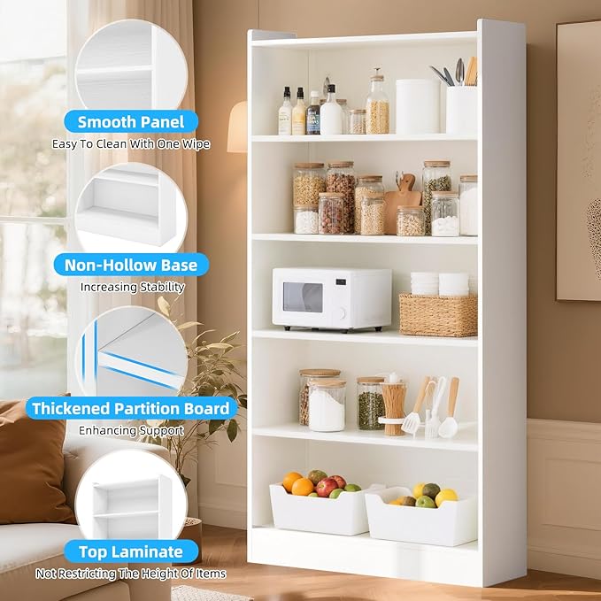 72" Rectangle Wooden Bookshelf with 5 Tier Bookshelf, Large Bookcase for Home Offices and Living Rooms with Storage Shelves, Display Shelves, White