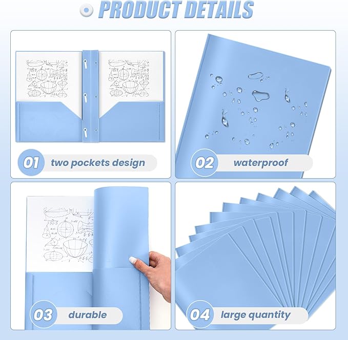 Yeaqee 30 Pcs Plastic Folders with Pockets and Prong Plastic Folders with 2 Pockets Pocket for Office, School for Students, Teachers, Office Workers (Haze Blue)
