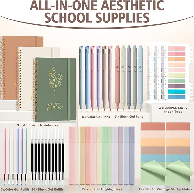 58PCS Aesthetic School Supplies, Cute College Ruled A5 Spiral Notebook Stationary Set Back to School Supplies Bible Study Kit Office College Essentials with Pastel Highlighters for Women Student Girls
