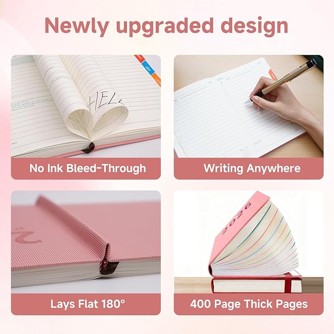 Picoway 2026 Planner A5 400 Pages Pink - Weekly and Monthly Daily Calendar with Thick Paper, One Full Page Per Day Planners from Jan. 2026 - Dec. 2026, Hardcover Notebook ，8.3" x 5.7"