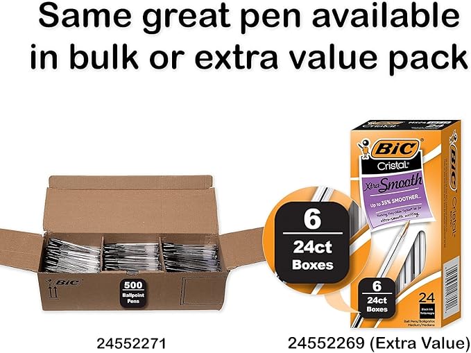 BIC Cristal Xtra Smooth Black Ballpoint Pens, Medium Point (1.0mm), 12-Count Pack, Extra Smooth and Reliable Ballpoint Pens