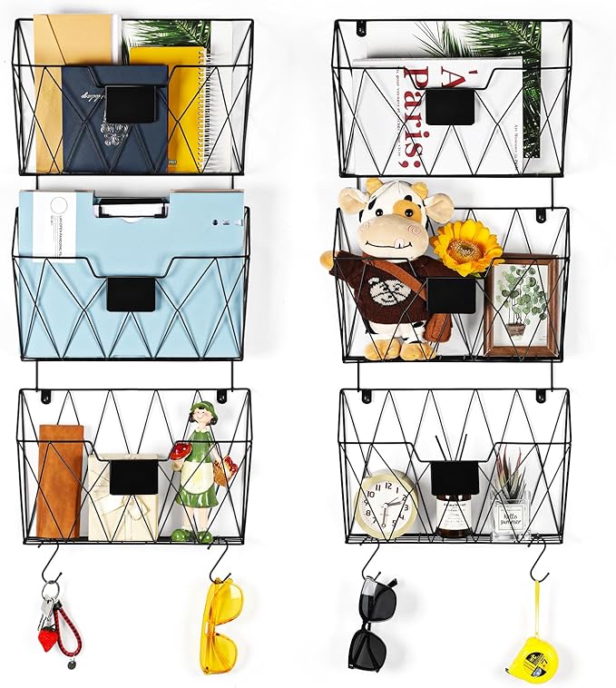 Hanging File Holder Wall File Organizer Holder, 6 Pockets Wall Mount Vertical Magazine Rack with Hooks for Office Home, Black