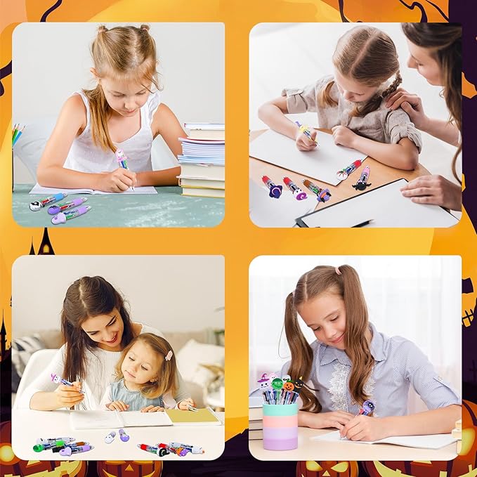 LiYiQ 100 Pcs Halloween Colorful Multicolor Pen in One Cartoon Cute Fun 4-in-1 Cute Pens Bulk Kawaii Pumpkin Ghost Bat Shape Cool Ballpoint Pens for Kids Fun Gifts