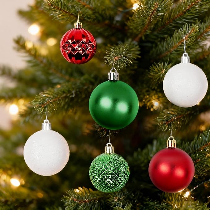 Christmas Tree Decorations Ornament Set, 60ct 2.36 Inches Red Green and White Shatterproof Christmas Ball Ornaments, Hanging Ball for Xmas Holiday Wedding Party Decor