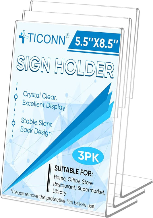 TICONN 5.5 x 8.5 Acrylic Sign Holder, L Shape Clear Sign Stand for Displaying, Plastic Paper Holder for Office, Store, Restaurant (Vertical 3 Pack)
