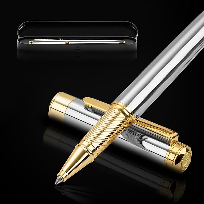 ELIZO Luxury Pen Fancy Real 24K Gold Plated Trim Chrome Silver Nice Pen Gift Rollerball Cool Best Pens Schmidt Ink EDC Pen Executive Smooth Writing Pens for Men Women