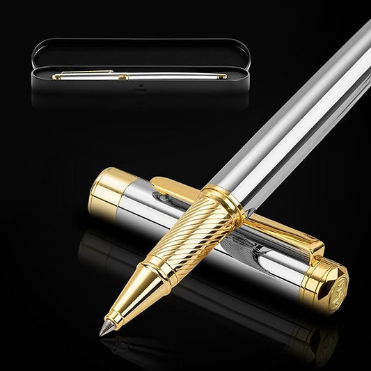 ELIZO Luxury Pen Fancy Real 24K Gold Plated Trim Chrome Silver Nice Pen Gift Rollerball Cool Best Pens Schmidt Ink EDC Pen Executive Smooth Writing Pens for Men Women