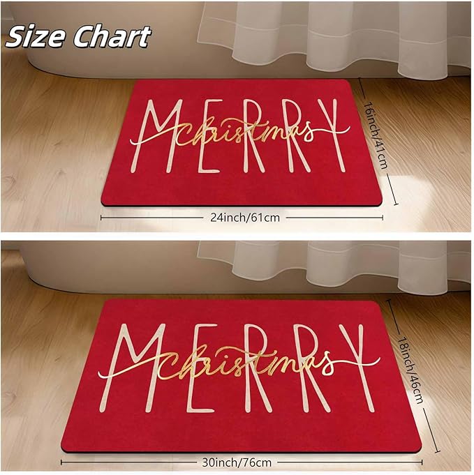 Christmas Door Mat Entrance Front Porch Rugs Red Gold Merry Christmas Doormat Non-Slip Rug Welcome Mat for Entrance Indoor Home Bathroom Floor Decoration, 18" x 30"Inch