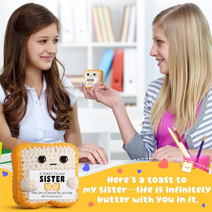 Funny Sister Gift Handmade Crochet Toast Plush with Pun Card, Cute Birthday Gifts for Sister, Women, Appreciation Present, Thanksgiving, Christmas Stocking Stuffers from Brother, Sister, Bestie friend