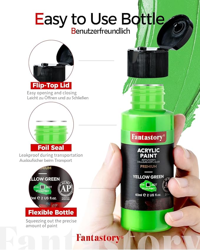 Fantastory Acrylic Paint Set 24 Classic Colors(2oz /60ml) with 12 Brushes, Professional Craft Thick Paints Kits for Adults, Canvas Wood Fabric Ceramic Rock Painting Supplies [Professional Series]