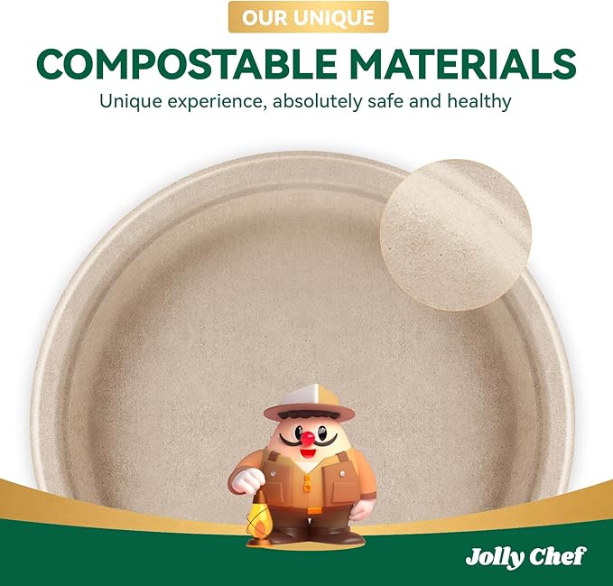 JOLLY CHEF Compostable Heavy Duty Plates 𝟭𝟬 𝗜𝗻𝗰𝗵 [𝟭𝟮𝟱 𝗣𝗮𝗰𝗸] Eco-Friendly Disposable Paper Plates Made of Bagasse Biodegradable Bulk for Party Dinner Sugarcane Thanksgiving Day (Natural)