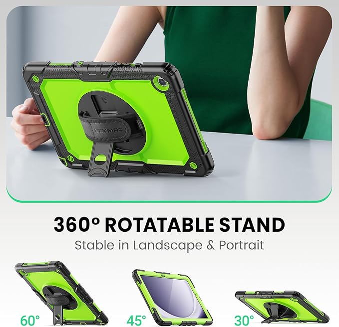 SEYMAC Case for Samsung Galaxy Tab A9+/ A9 Plus Case 11" (SM-X210/X216/X218), Heavy Duty Shockproof Protective Case with Screen Protector, Rotating Stand, Hand/Shoulder Strap, Green