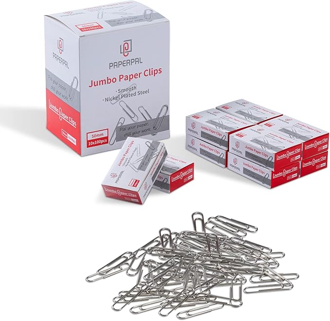 PAPERPAL Paperclips for Office School & Personal Use, Jumbo Smooth Paper Clip (2"), 1000 Large Paper Clips (10 Boxes of 100 Each), Silver